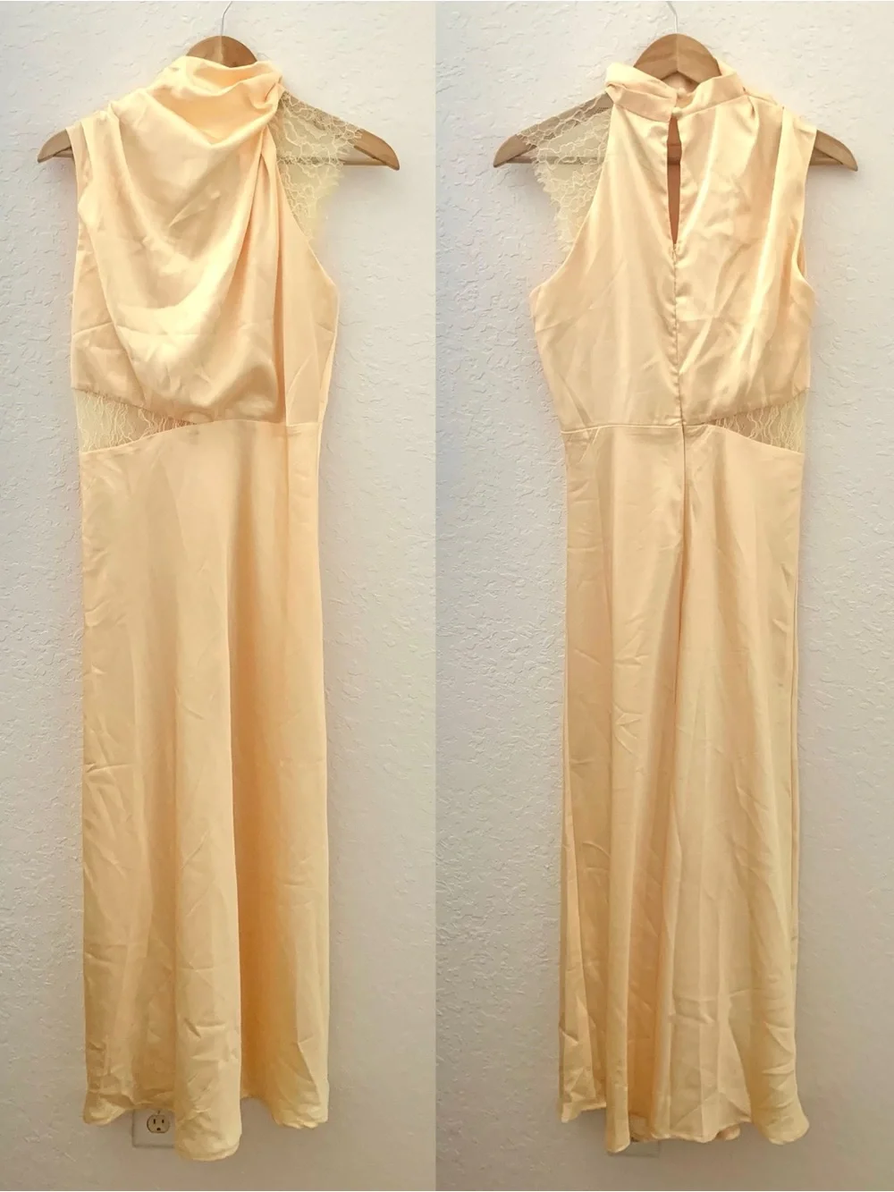 Petal & Pup Yellow Satin Asymmetric  Lace Sleeve Midi Cowl Neck Dress